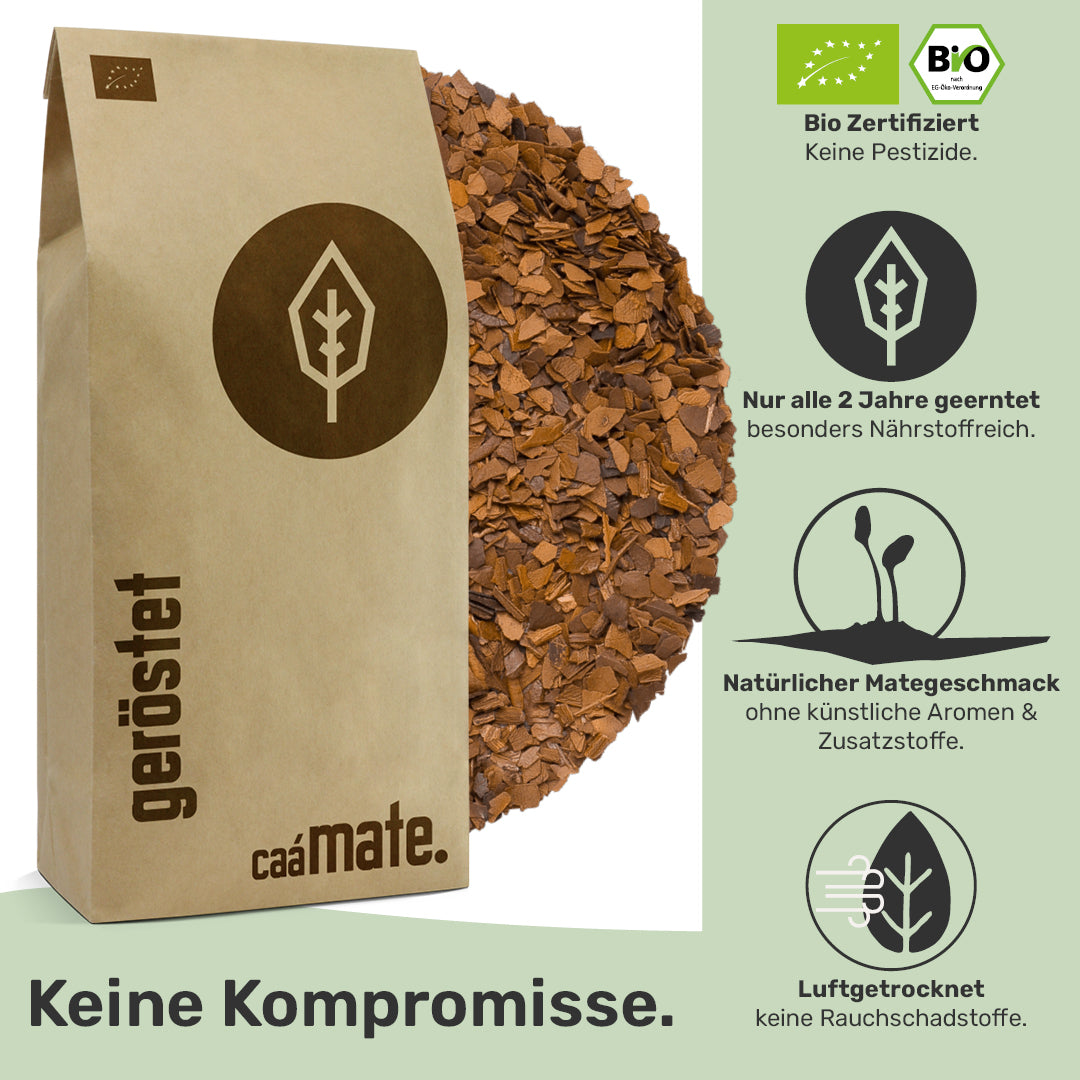 geröstet Mate Tee bio zertifiziert nur alle zwei jahre geerntet ohne künstliche Aromen und Zusatzstoffen Luftgetrocknet