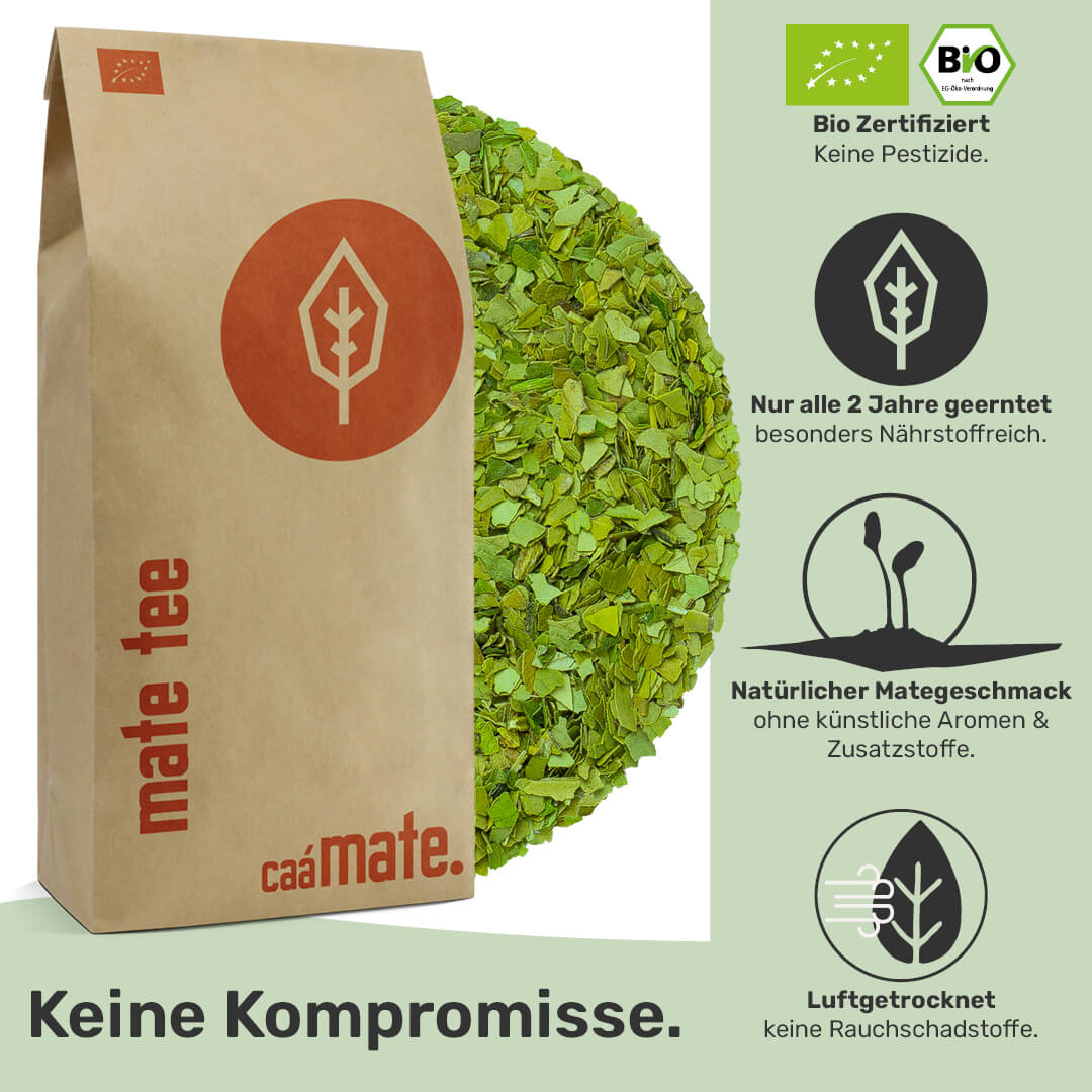 Mate Tee gruen  bio-zertifiziert nur alle zwei jahre geerntet ohne künstliche Aromen und Zusatzstoffen Luftgetrocknet