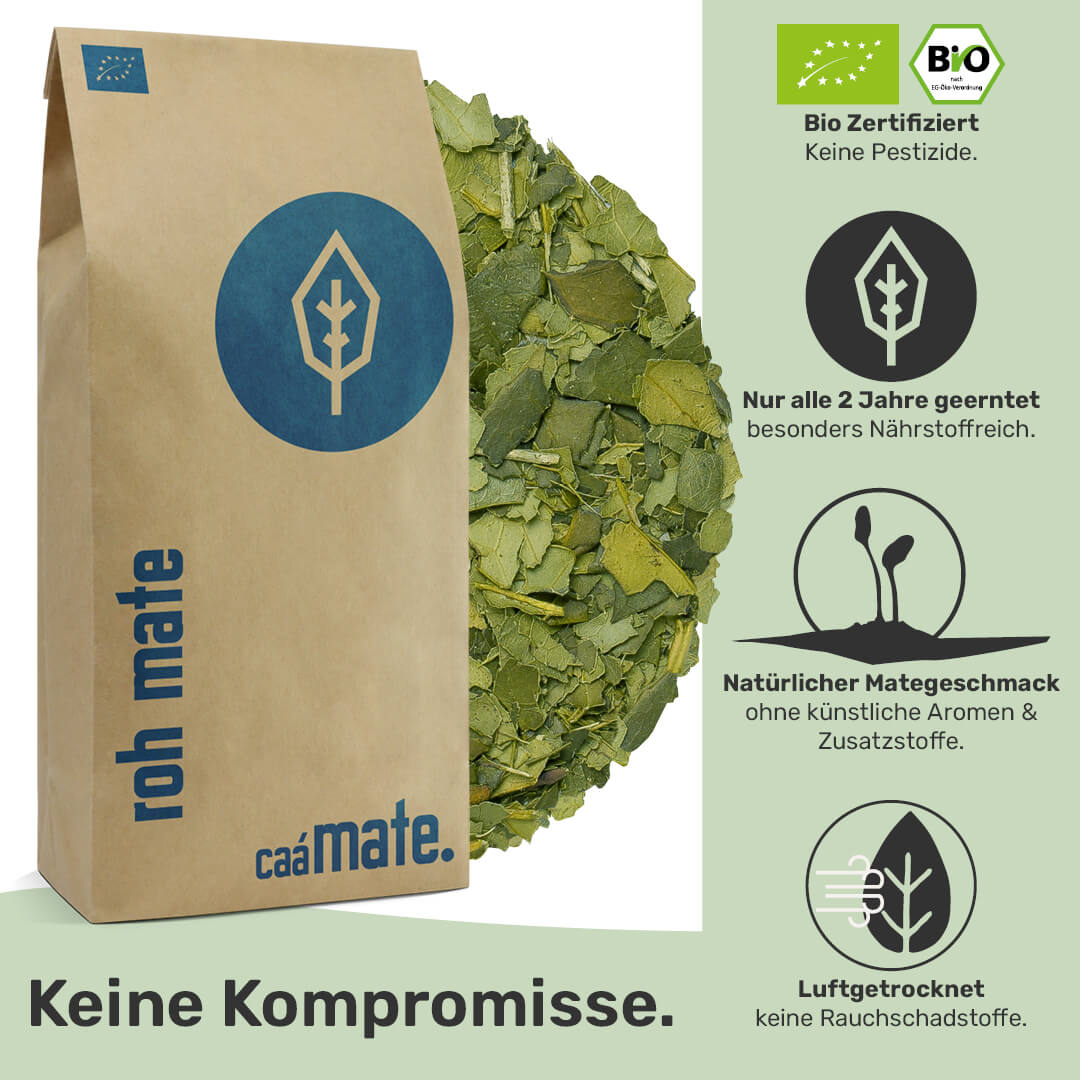 roh mate tee bio zertifiziert caámate nur alle zwei jahre geerntet ohne künstliche Aromen und Zusatzstoffen Luftgetrocknet