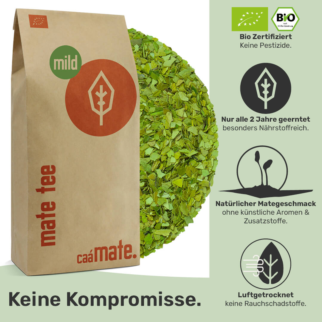 mate tee mild bio-zertifiziert nur alle zwei jahre geerntet ohne künstliche Aromen und Zusatzstoffen Luftgetrocknet